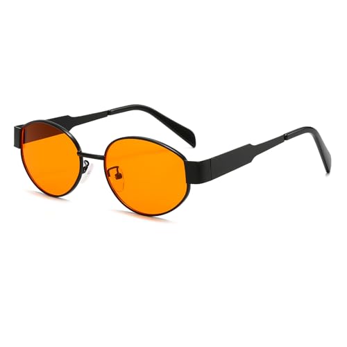 YAMEIZE Retro Ovaler Metallrahmen Sonnenbrille – für Damen und Herren, klassisch, rund, UV400-Schutz, kleine Brillen, Schatten für den Außenbereich, Schwarz / Orange von YAMEIZE