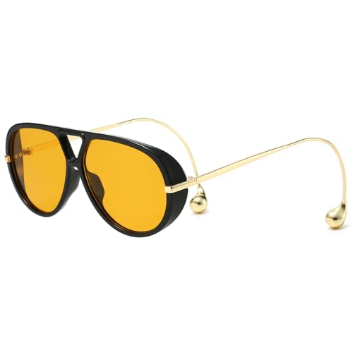 YAMEIZE Retro Sonnenbrille für Herren Damen 70er Pilot Übergroße Runde Doppel Brücke mit Ohrring Vintage Groß Rahmen Sonnenbrille UV400 von YAMEIZE