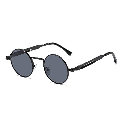 YAMEIZE Sonnenbrille Damen Sport Runde Steampunk-Retro Vintage mit UV400 Schutz Metallrahmen Brille Fahren Herren Schwarz Grau von YAMEIZE