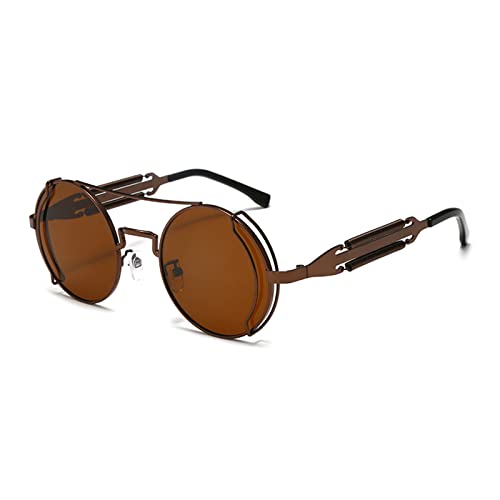 YAMEIZE Sonnenbrille Damen Vintage Runde Steampunk-mit UV400 Schutz Metallrahmen Brille Fahren für Herren Brauner Rahmen Braun von YAMEIZE