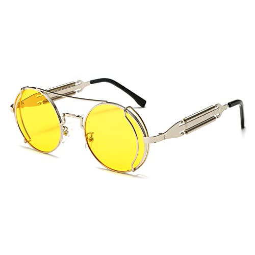 YAMEIZE Sonnenbrille Damen Vintage Runde Steampunk-mit UV400 Schutz Metallrahmen Brille Fahren für Herren Brauner Rahmen Braun von YAMEIZE