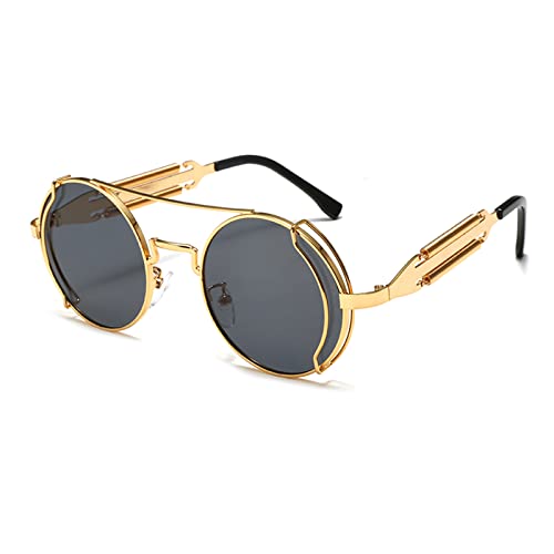 YAMEIZE Sonnenbrille Damen Vintage Runde Steampunk-mit UV400 Schutz Metallrahmen Brille Fahren für Herren Goldrahmen Schwarzgrau von YAMEIZE