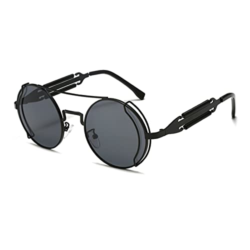 YAMEIZE Sonnenbrille Damen Vintage Runde Steampunk-mit UV400 Schutz Metallrahmen Brille Fahren für Herren Schwarzer Rahmen Schwarzgrau von YAMEIZE