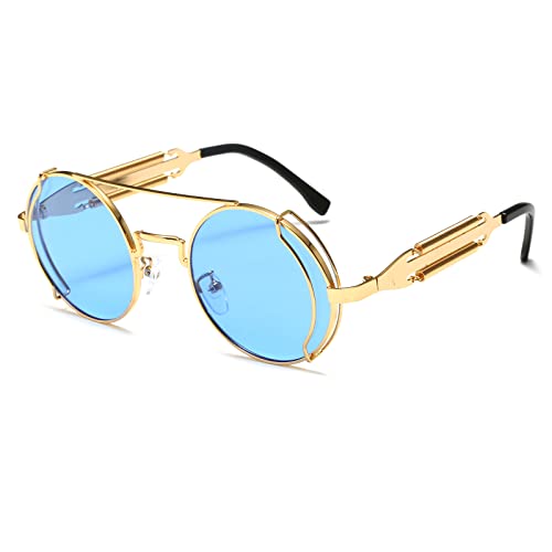 YAMEIZE Sonnenbrille Damen Vintage Runde Steampunk-mit UV400 Schutz Metallrahmen Brille Fahren für Herren Silberner Rahmen Grau von YAMEIZE