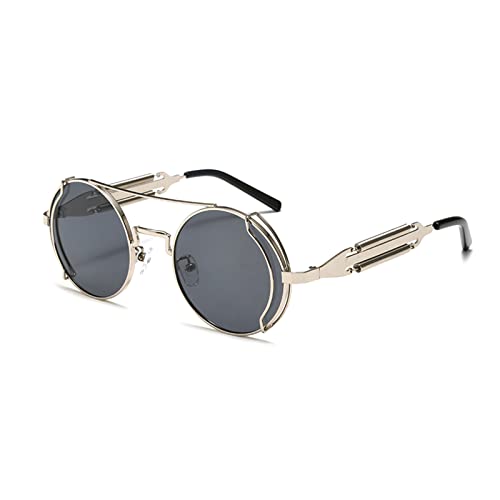 YAMEIZE Sonnenbrille Damen Vintage Runde Steampunk-mit UV400 Schutz Metallrahmen Brille Fahren für Herren Silberner Rahmen Grau von YAMEIZE