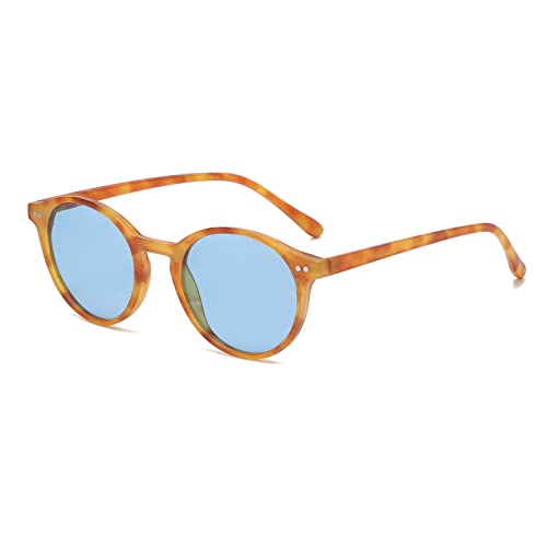 YAMEIZE Sonnenbrille Polarisiert Rund für Damen-Vintage Retro Runde Kleine Kreis Sonnenbrille für Fahren Angeln Leopard Blau von YAMEIZE