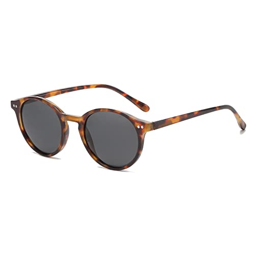 YAMEIZE Sonnenbrille Polarisiert Rund für Damen-Vintage Retro Runde Kleine Kreis Sonnenbrille für Fahren Angeln Leopard Grau von YAMEIZE