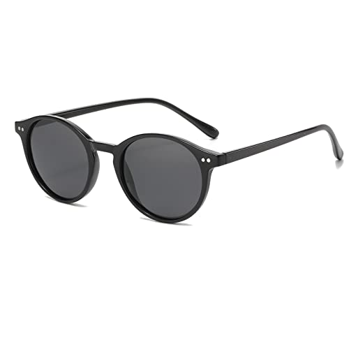 YAMEIZE Sonnenbrille Polarisiert Rund für Damen-Vintage Retro Runde Kleine Kreis Sonnenbrille für Fahren Angeln Schwarz Grau von YAMEIZE