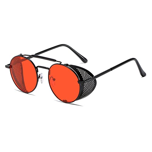 YAMEIZE Sport Sonnenbrille Damen Herren Runde-Steampunk Retro Vintage mit UV400 Schutz Metallrahmen Brille Fahren Schwarz Rot von YAMEIZE