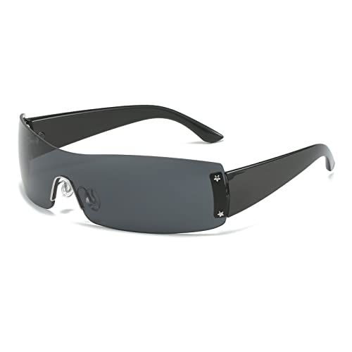 YAMEIZE Sport Sonnenbrille Y2K Wraparound Herren-Fahrradbrille Randlos Rechteck UV400 Schutz Fahren Golf Damen Brille Schwarz Grau von YAMEIZE