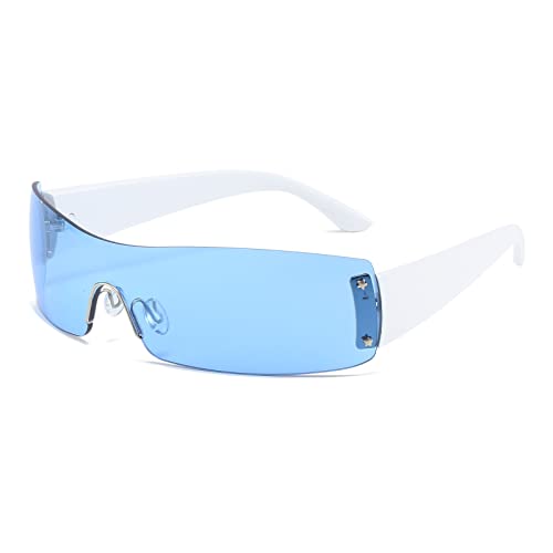 YAMEIZE Sport Sonnenbrille Y2K Wraparound Herren-Fahrradbrille Randlos Rechteck UV400 Schutz Fahren Golf Damen Brille Weiß Blau von YAMEIZE