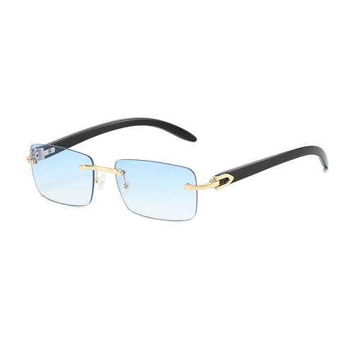 YAMEIZE Trendige Randlose Rechteckige Sonnenbrille Metall - für Damen Herren Vintage Metall UV400 Schutz Fahren im Freien (Gold Blue) von YAMEIZE