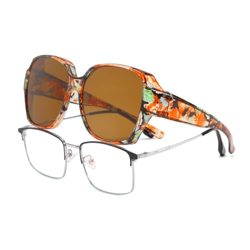 YAMEIZE Überzieh Sonnenbrille für Damen Herren - Vintage Anti Glare UV400 Schutz Rechteck Over Quadratische Überbrille Fahren Outdoor (Orange Blume Braun) YAMEIZE Überzieh Sonnenbrille für Damen Herren - Vintage Anti Glare UV400 Schutz Rechteck Over Quadratische Überbrille Fahren Outdoor (Orange Blume Braun) von YAMEIZE