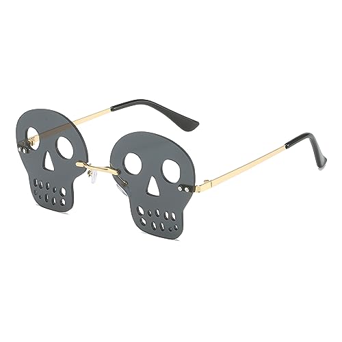 YAMEIZE Trendige randlose Totenkopf Sonnenbrille für Damen Vintage Metallrahmen Festival Rave Brille von YAMEIZE