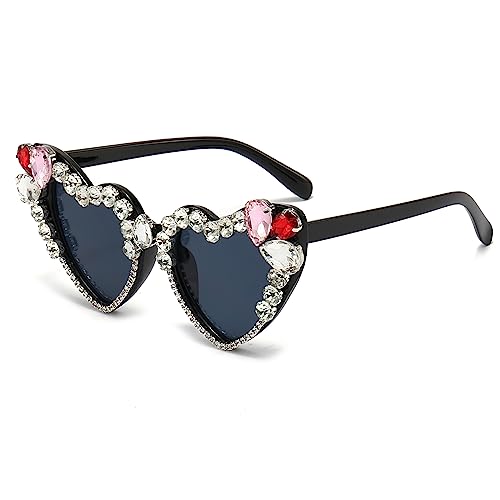 YAMEIZE Trendy Strass Rhinestone Love Heart - Sonnenbrille für Damen Herren Retro Heart Shaped Diomand Brille Vintage Coloful Funny Party im Freien von YAMEIZE