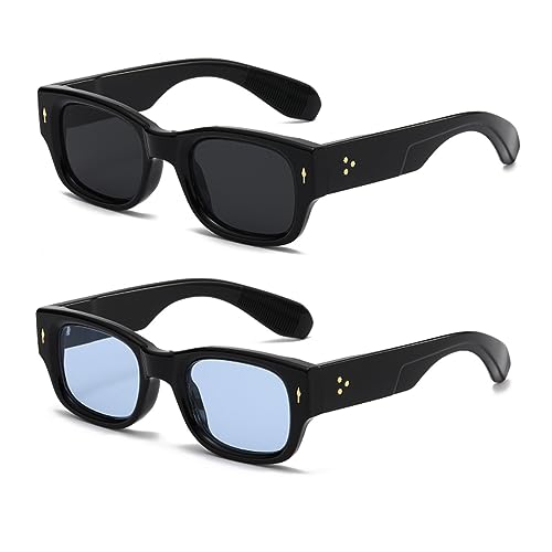 YAMEIZE Vintage Sonnenbrille Rechteckig für Damen Herren Retro Quadratisch Sonnenbrille Trendige Getönte Brille Eckig 90er Jahre UV400 Schutz Schwarz+Blau von YAMEIZE