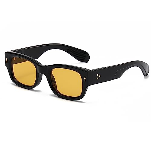 YAMEIZE Vintage Sonnenbrille Rechteckig für Damen Herren Retro Quadratisch Sonnenbrille Trendige Getönte Brille Eckig 90er Jahre UV400 Schutz Schwarz Gelb von YAMEIZE