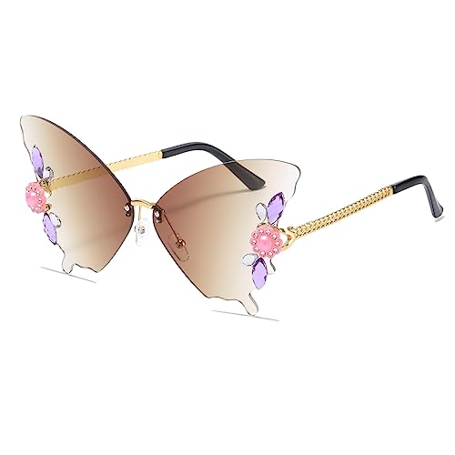 YAMEIZE Vintage Strass Schmetterling Rimless Sonnenbrillen - für Damen Herren Trendy Diamant Kristall Schmetterling geformt Rhinestone Butterfly Eyewear UV-Schutz Party von YAMEIZE