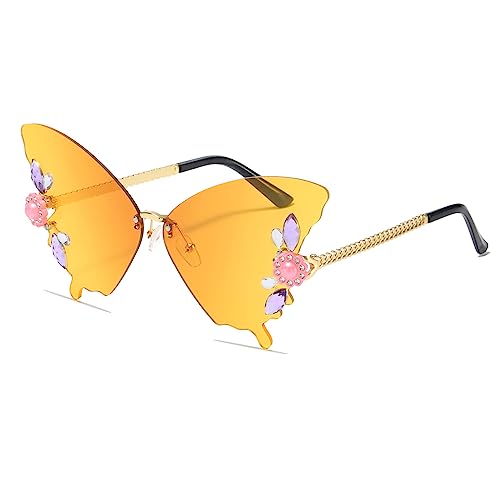 YAMEIZE Vintage Strass Schmetterling Rimless Sonnenbrillen - für Damen Herren Trendy Diamant Kristall Schmetterling geformt Rhinestone Butterfly Eyewear UV-Schutz Party von YAMEIZE