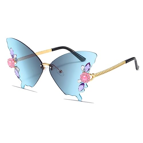 YAMEIZE Vintage Strass Schmetterling Rimless Sonnenbrillen - für Damen Herren Trendy Diamant Kristall Schmetterling geformt Rhinestone Butterfly Eyewear UV-Schutz Party von YAMEIZE