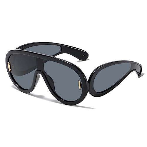 YAMEIZE Wrap Around Cool Sonnenbrille Herren Damen Vintage Retro Y2k Rave Übergroß Futuristisch Punk Sonnenbrille Schwarz Grau von YAMEIZE