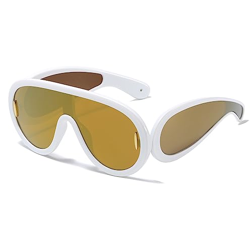 YAMEIZE Wrap Around Cool Sonnenbrille Herren Damen Vintage Retro Y2k Rave Übergroß Futuristisch Punk Sonnenbrille Weiß Gold Queck Silber von YAMEIZE