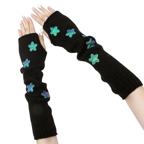 YAMEIZE Y2K Fingerlose Stern Gedruckt Gestrickte - Handschuhe für Damen Winter Warme Arm Gestrickte Stern Handschuhe Kleidung Outdoor von YAMEIZE
