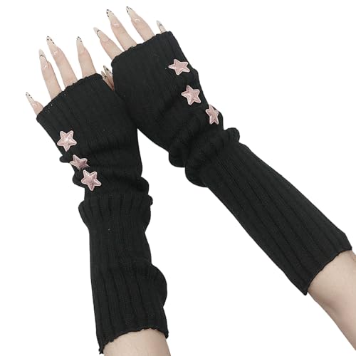 YAMEIZE Y2K Fingerlose Stern Gedruckt Gestrickte - Handschuhe für Damen Winter Warme Arm Gestrickte Stern Handschuhe Kleidung Outdoor von YAMEIZE