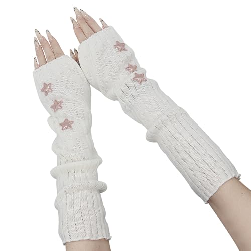 YAMEIZE Y2K Fingerlose Stern Gedruckt Gestrickte - Handschuhe für Damen Winter Warme Arm Gestrickte Stern Handschuhe Kleidung Outdoor von YAMEIZE