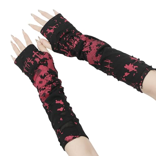 YAMEIZE Y2K Fingerloser Handschuh Ripped Gothic - für Damen Herren Strickmütze Gothic Strickhandschuhe für Halloween Kostümparty von YAMEIZE
