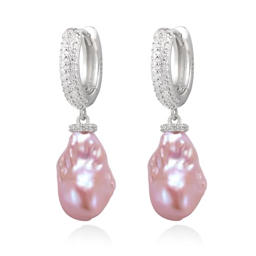 YAMI Damen-Ohrhänger Rosa Lila Barockperlen, hypoallergene Ohrringe aus 925er Sterlingsilber, 38 x 15 mm große Hakenohrringe aus natürlichen Süßwasser-Zuchtperlen, Geeignet Schmuckgeschenk für Frauen. von YAMI