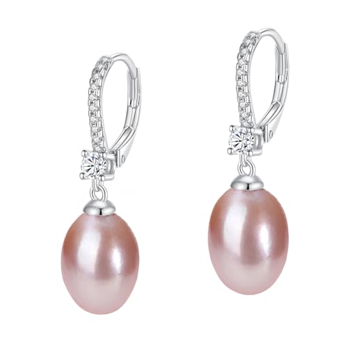 YAMI Perlenohrringe für Damen, Lila Süßwasser-Zuchtperlen aus 925er Sterlingsilber, tropfenförmige, hypoallergene Perlenohrringe mit 32 × 9 mm, Schmuckgeschenk für Damen, passend zu jedem Anlass. von YAMI