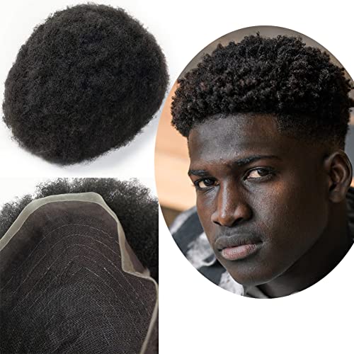 Afro Locke Toupet für Männer,Yanahair dünne französische Spitze Gebleicht Knoten natürlichen Haaransatz Perücken Haarsystem Brasilianisches Haar Perücke Mann(10x8",#1 Tiefschwarz 4mm Locke) von YANAHAIR