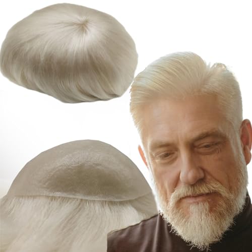Echthaar Toupet für Männer, YANAHAIR Glattes Haar 0,04-0.06mm V-Loop PU Super Dünn Haut Haarsystem Yanaair Europäische Echthaarteile Toupet Echthaar Perücke Mann(10x8",grau/blonde) von YANAHAIR