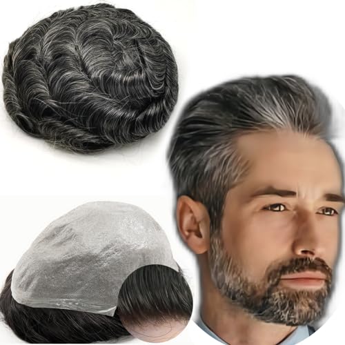 Echthaar Toupet für Männer, 0.04mm V-Loop PU Super Dünn Haut Haarsystem Yanaair Europäische Echthaarteile Toupet Echthaar Perücke Mann(10 x 8",#1B40 schwarz und grau) von YANAHAIR