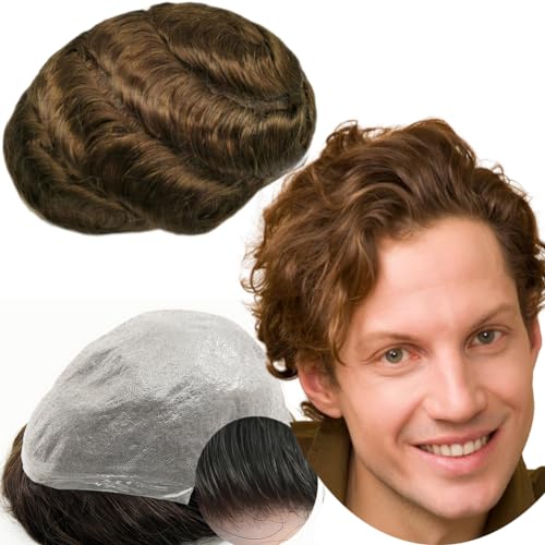 Echthaar Toupet für Männer, Yanahair Gewelltes Haar 0,04-0.06mm V-Loop PU Super Dünn Haut Haarsystem Yanaair Europäische Echthaarteile Toupet Echthaar Perücke Mann(10x8",#4 hellbraun) von YANAHAIR
