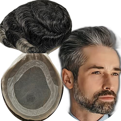 YANAHAIR Echthaar Toupet für Männer, Gewelltes Haar, Dünne französische Spitze, Natürlichen Haaransatz, Superfeine Schweizer Spitze, Schwarz und Grau, 8x10 Zoll von YANAHAIR