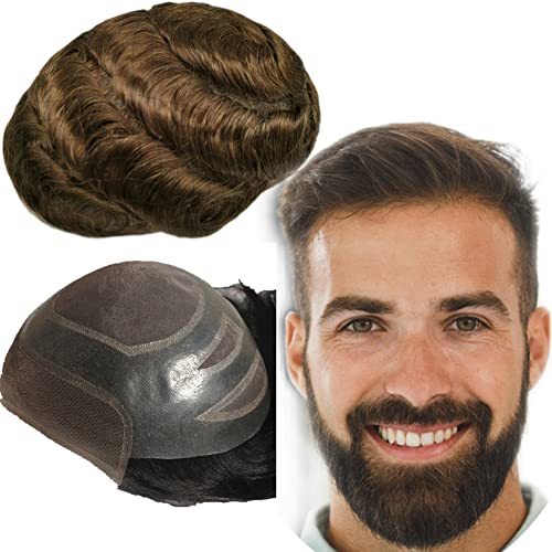 Echthaar Toupet für Männer,Yanahair Gewelltes Haar dünne französische Spitze gebleicht Knoten natürlichen Haaransatz Poly Haut Perücken Haut Haarsystem Europäische Perücke Mann(10x8",#4 hellbraun) von YANAHAIR