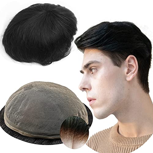 Echthaar Toupet für Männer,Yanahair Glattes Haar dünne französische Spitze Gebleicht Knoten natürlichen Haaransatz Perücken Haarsystem Europäische Echthaar Toupet Perücke Mann(8x10" #1 Tiefschwarz) von YANAHAIR