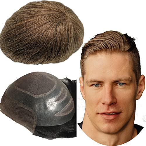 Echthaar Toupet für Männer,Yanahair Glattes Haar dünne französische Spitze gebleicht Knoten natürlichen Haaransatz Poly Haut Perücken Haut Haarsystem Europäische Perücke Mann(10x8", #4 hellbraun) von YANAHAIR