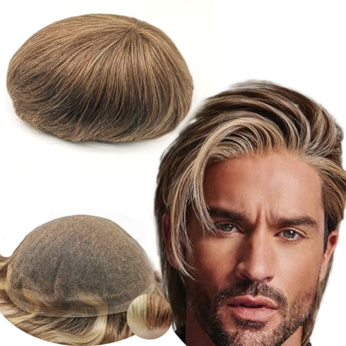 Echthaar Toupet für Männer,Yanahair Glattes Haar dünne französische Spitze Gebleicht Knoten natürlichen Haaransatz Perücken Haarsystem Europäische Echthaar Toupet Perücke Mann(10x8",#4/27/613 blonde) von YANAHAIR