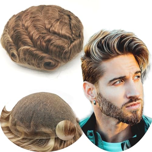 Echthaar Toupet für Männer,Yanahair Gewelltes Haar dünne französische Spitze Gebleicht Knoten natürlichen Haaransatz Perücken Haarsystem Europäische Toupet Perücke Mann(10x8",#4/27/613 blonde) von YANAHAIR