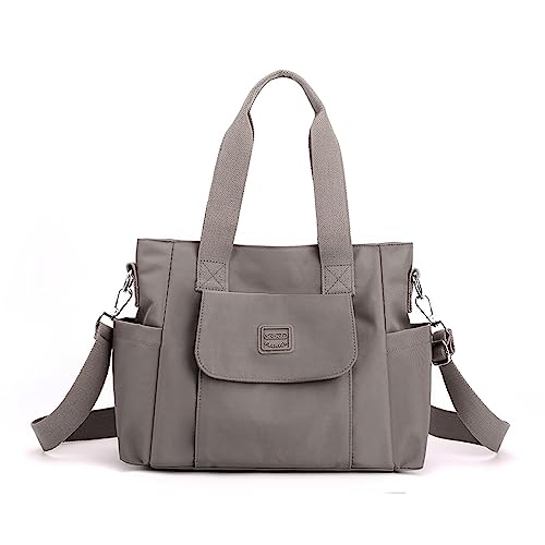 YANAIER Damen Handtasche Umhängetasche Multi Fach Shopper Schultertasche Wasserdicht Nylon Henkeltasche für Reisen Schule Arbeit Hellgrau von YANAIER