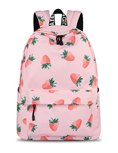 YANAIER Mädchen Schulrucksack Modischer Freizeitrucksack für Frauen Teenager Jungen Wasserdicht Tasche Schulranzen Tagesrucksack mit Laptopfach (Erdbeere) von YANAIER