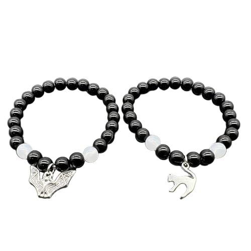 YANBOYI Schwarz Rot Weiß Perlen Armbänder mit Fledermaus Katze Rose Gitarre Herz Anhänger Handgelenk Kette Armband Einzigartige Geschenke, Acryl von YANBOYI