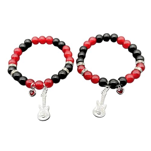 YANBOYI Schwarz Rot Weiß Perlen Armbänder mit Fledermaus Katze Rose Gitarre Herz Anhänger Handgelenk Kette Armband Einzigartige Geschenke, Acryl von YANBOYI