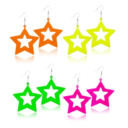 3/4Pairs Neon Earrings for Women 80s 90s Outfits for Women Neon Shirts for Women Acrylic Lightning Star Drop Dangle Earrings Retro Neon Accessories for Party von YANCHUN