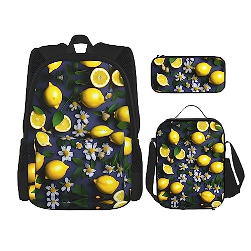 Lemon Zest Rucksack mit gelben Streifen, 3-teiliges Set, Reisen, Wandern, leicht, Laptop-Federmäppchen, isolierte Lunchtasche für Damen, Zitrone und Blume, Einheitsgröße von YANDM