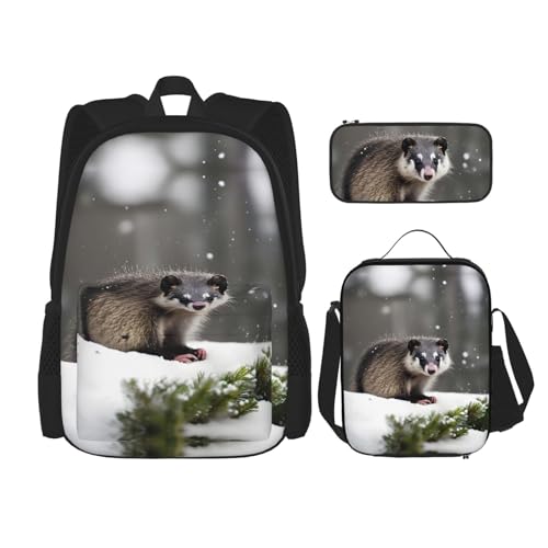 YANDM Be A Pineapple Rucksack, 3-teiliges Set, Reisen, Wandern, leicht, Laptop-Federmäppchen, isolierte Lunchtasche für Damen, Opossum im Schnee, Einheitsgröße von YANDM