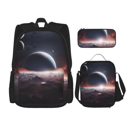 YANDM Drei Sonnenblumen auf Holzrucksack, 3-teiliges Set, Reisen, Wandern, leicht, Laptop-Federmäppchen, isolierte Lunchtasche für Damen, Space Planet, Einheitsgröße von YANDM